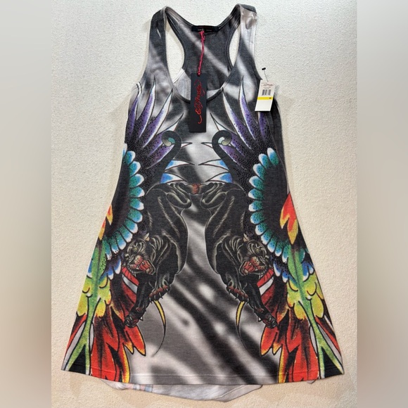 Ed Hardy Panther Swan Tattoo Tank Dress M Rhinestone Y2K Goth Festival Chic - Picture 2 of 9